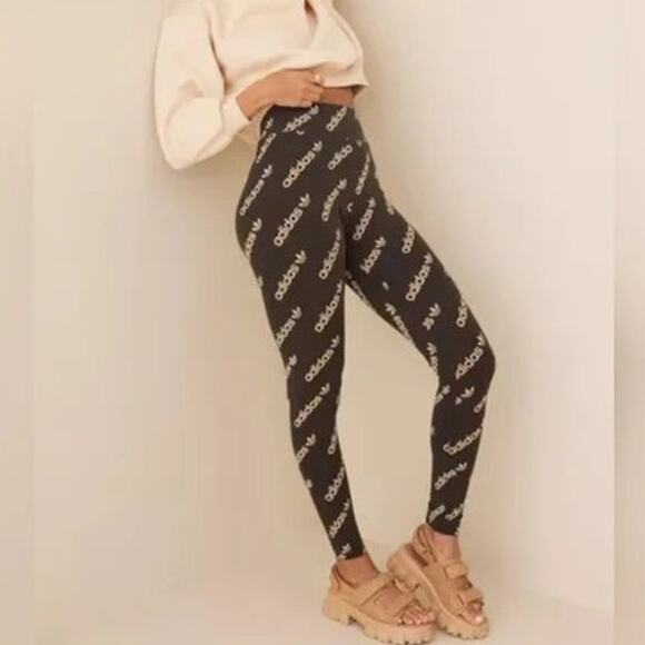 Adidas Originals Logomania Repeat Logo Monogram Leggings Tights in Brown Pants - Picture 11 of 11